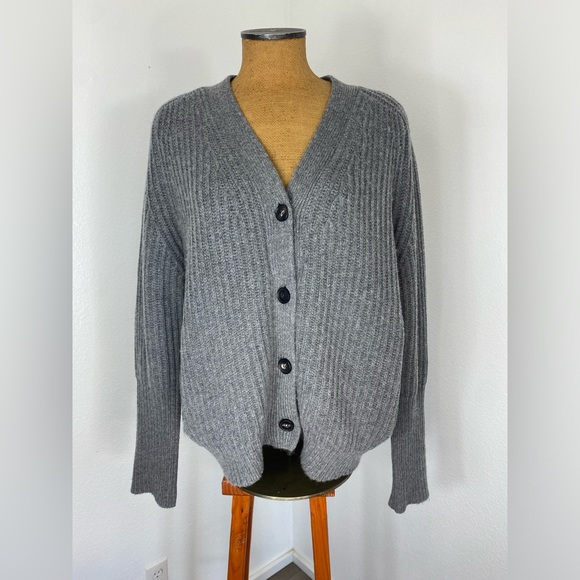 CO Sweaters - CO Collection Button Front Cardigan Sweater Boxy Medium Gray Fine Wool Cashmere